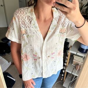 Anthropologie Floral Embroidered and Lace Button Down Shirt